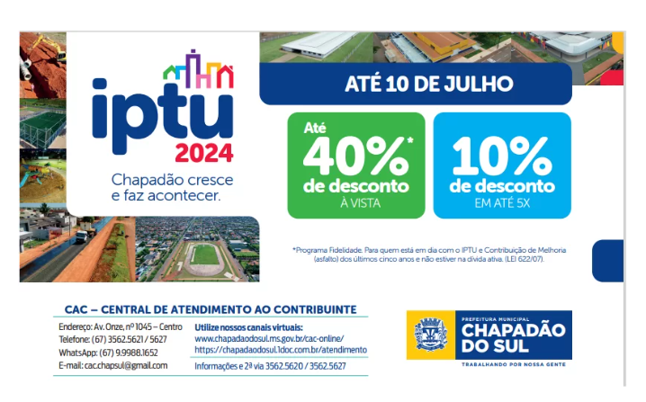 Imagem de compartilhamento para o artigo Chapadão do Sul oferece prêmios para contribuintes do IPTU 2024; confira da MS Todo dia